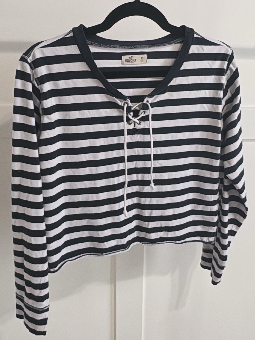 Hollister Navy & White Striped Lace-Up Long Sleeve Crop Top